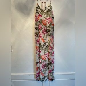 Long flowing fun dress and tropical color dress.